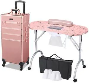 Byootique Foldable Manicure Nail Table 4in1 Rolling Makeup Train Case Cosmetic Trolley Organizer Travel Case Lockable Salon Barber Case, Rose Gold