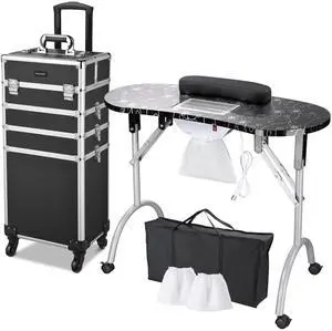 Byootique Folding Manicure Nail Table 4in1 Rolling Makeup Train Case Cosmetic Trolley Organizer Travel Case Lockable Salon Barber Case, Black
