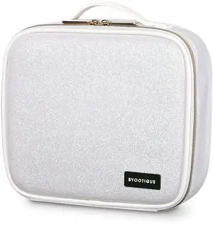 Byootique Portable Glitter Makeup Train Case Brush Holder Cosmetic Bag Travel Storage Case Makeup Bag, Glitter Silver