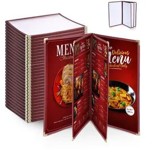 WeChef 30pcs 8.5x14" Restaurant Menu Cover 4 Page 8 View Double Stitch Transparent Cafe Bar Burgundy