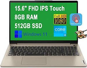 Lenovo Flagship Ideapad 3i 15 Business Laptop 15.6" FHD IPS Touchscreen 11th Gen Intel Core i3-1115G4 (Beats i5-8265U) 8GB RAM 512GB SSD Fingerprint Reader USB-C Dolby Audio Win11 Sand + HDMI Cable - OEM