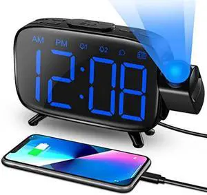 Digital Alarm Clock, AKKIGL Alarm Clocks for Bedrooms with FM Radio and USB Charger, Projection Alarm Clock with Dual Alarms, 7 Sounds, Snooze, Dimmable Large LED Display Clock for Kids Teens Adults