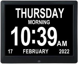 Extra Large 9'' Digital Calendar Day Clocks, Large Screen Display Non-Abbreviated Wall Clock for Memory Loss Dementia/Seniors, 3 Medication Reminders, 10 Auto dimming Levels, SD Card-Black