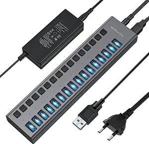 ACASIS Powered USB Hub,16 Ports USB 3.0 Data Hub, Individual On/Off Switches, 12V7.5A 90W Power Adapter, USB Hub 3.0 Splitter Extension for MacBook, Mac Pro/Mini, iMac, Surface Pro Laptop/PC