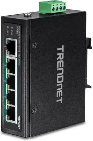 TRENDnet 5-Port Industrial Fast Ethernet DIN-Rail Switch, 4 x Fast Ethernet PoE+ Ports, 1 x Fast Ethernet Port, 90W PoE Power Budget, DIN-Rail, IP30 Rated, Lifetime Protection, Black, TI-PE50