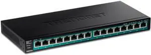 TRENDnet 16-Port Gigabit PoE+ Switch, 16 x Gigabit PoE+ Ports, 120W PoE Budget, Up to 30W Per Port, 1U 19" Rackmount Brackets Included, Fanless, Lifetime Protection, Black, TPE-TG161H