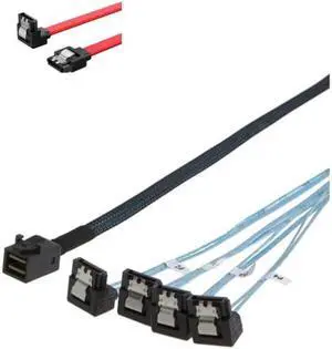 Internal HD Mini SAS (SFF-8643 Host) - 4X SATA (Target) Angle Cable, SFF-8643 for Controller, 4 Sata Connect to Hard Drive Bundle with SATA III Cable