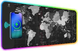 ToLuLu RGB Gaming Wireless Charging Mouse Pad, 5/7.5/10/15W 10 Light Modes LED Mouse Pad Computer Keyboard Mat Mousepad, 800x300x4MM Extended Large Desk Mat for Gaming, MacBook, Laptop, PC,World Map