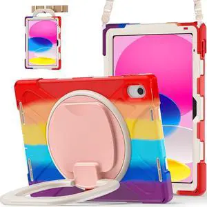 BATYUE Case for iPad (A16) 11th/10th Gen 11''/10.9'' 2025/2022 - Heavy Duty Shockproof Cover with 360° Rotating & 180° Folding Stand, Screen Protector, Shoulder Strap & Pencil Holder | Colorful Red