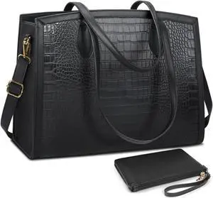 Laptop Bag for Women 15.6 Inch Laptop Tote Bags PU Leather Lightweight Womens Computer Bag Office Shoulder Bag Handbag Large Capacity Work Briefcase Bag 2PCs Black Crocodile Pattern