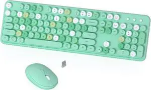 Colorful Wireless Keyboard and Mouse Combo, COVEVA 2.4GHz Wireless Retro Cute Round Keycaps Keyboard, 104 Keys Full-Sized Keyboard Mouse Set with Switch Button for PC Laptop Desktop (Green Colorful)