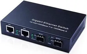 Gigabit SFP to RJ45 Fiber to Ethernet Media Converter, Dual 10/100/1000Mbps RJ45 Ports to 1000Base-SX/LX/EX SFP Slots, Support Gigabit SFP Modules, Without Transceiver