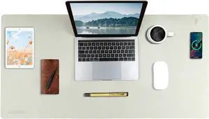 Wireless Charging Mouse Pad with for Desktop Charging Large Desk Mat 36"x17" Waterproof Gray Leather Computer Mat Mousepad Non-Slip Protector on Top of Desks for Keyboard and Mouse(Gray-R)