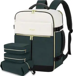 LOVEVOOK Travel Backpack, Carry On Backpack for Women, 40L Flight Approved Personal Item Backpack, Large Water Resistant Luggage Daypack with 3 Packing Cubes, fits 17inch Laptop, Beige-green-black
