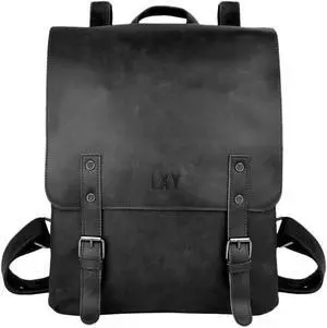 LXY Vegan Leather Backpack Vintage Laptop Bookbag for Women Men, Black Faux Leather Backpack Purse Bookbag Weekend Travel Daypack