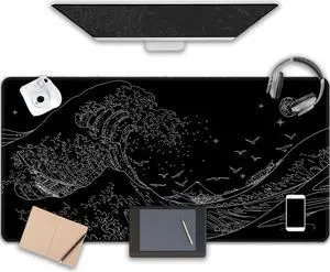 MEWOOCUE® Large Gaming Mouse Pad for Computer,Black Japanese Sea Wave Anime Mouse Mat,Long XXL Waterproof Keyboard Pads,Big Non-Slip Mouse Pads for Game Office Home47.2 x 23.6 in