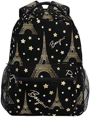 MNSRUU Travel School Backpack Paris Romantic Gold Glitter Stars And Eiffel Tower College Laptop Backpacks High School Bookbags for Adult Teen