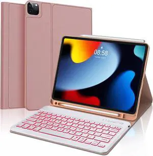 SENGBIRCH Backlit Keyboard for iPad Air 13 inch (M3 2025/M2 2024), Keypad for iPad Pro 12.9-6th, 5th, 4th, 3rd Gen Detachable Bluetooth Key Board, PU Leather Smart Case with Pencil Holder, Pink
