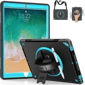 SUPFIVES Case iPad Pro 12.9 2015/2017: iPad 12.9 Inch 1st/ 2nd Generation Case Upgraded Military Grade Shockproof Silicone Protector with Pencil Holder+ Handle+ Shoulder Strap+ Rotating Stand, Green