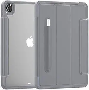 Case for Apple iPad Pro (12.9-inch, 2020 Model, 4th Generation), Techcircle Smart Tri-fold Stand Cover Clear Back Hard Shell Magnetic Protective Case with Pencil Holder, Auto Wake/Sleep, Gray