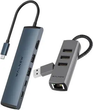 WALNEW 7-in-1 USB C Hub& 4-in-1 USB 3.0 Ethernet Hub Bundle