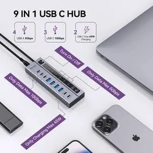 Minisopuru Powered USB C Hub  Support Max 45W Charging with 72W Power Adapter, 10Gbps Data Transfer, USB-C Powered Hub for Laptop, MacBook,iPad (Not for Monitor)