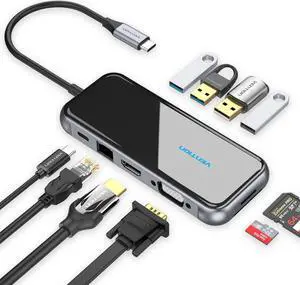 VENTION USB C Docking Station Dual Monitor - 10 in 1 USB C Hub Multiport Adapter with 4K HDMI VGA 100W PD 4 USB Ports Gigabit Ethernet SD/TF Card Reader for MacBook Pro Air Dell XPS HP