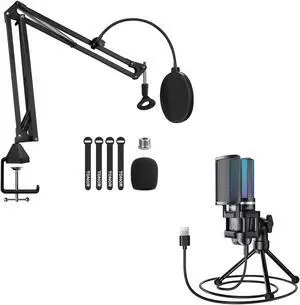 TONOR Gaming USB Microphone for PC TC777 Pro, Bundle with Adjustable Microphone Arm Stand T20