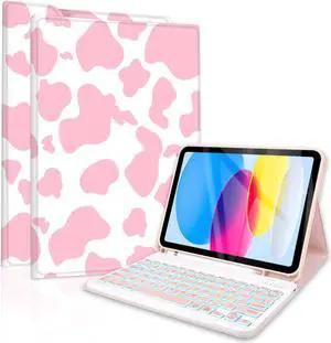 TopPerfekt for Bluetooth Keyboard iPad 10th Gen 10.9 inch (2022) case iPad (A16) 11th/ 10th Gen Case 11'' (2025) with 7-Color Backlights, Pencil Holder, Detachable, Rechargeable- Pink Cow