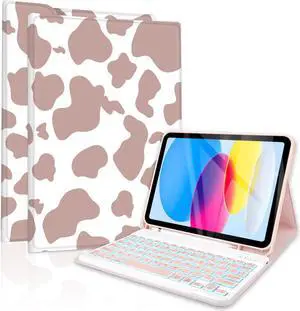 TopPerfekt for Bluetooth Keyboard iPad 10th Gen 10.9 inch (2022) case iPad (A16) 11th/ 10th Gen Case 11'' (2025) with 7-Color Backlights, Pencil Holder, Detachable, Rechargeable - Cow PinkBrown