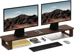 Ufine Dual Monitor Stand Riser 2 Heights Adjustable Wood Computer Monitor Stand Desktop Organizer, Large Monitor Stand for 2 Monitors, Laptop, TV, Printer