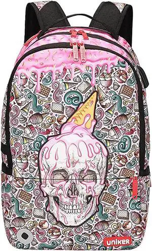 UNIKER Graffiti Backpack,Ice Cream Pattern Schoolbag,Pink School Backpack for Girls,Computer Backpack Fits 15.6 Inch Laptop with USB Port,College Backpack Skull