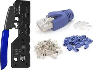VCELINK Ethernet RJ45 Pass Through Crimping Tool Bundle with 30-Pack Nickel Plated Shielded Cat6A/Cat7 RJ45 Modular Plug with Strain Relief Boots
