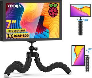 VINDIJA 7 Inch Monitor Mini Screen for Raspberry Pi, 1024x600 Small HDMI Monitor with Tripod, Plug & Play IPS LCD Screen Display for RasPi 4/4b/3B+/3B/2B/Zero Win11/10/8/7 Game (Non-Touch)