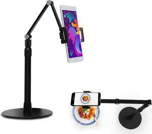 Phone Tablet Overhead Stand - Aluminum Tablet Stand Holder - Camera Mount, Adjustable Height, 360 Degree Rotation - Compatible with 3.5-11" Devices such as iPhone/iPad/iPad Pro - 3-Angle Tilt