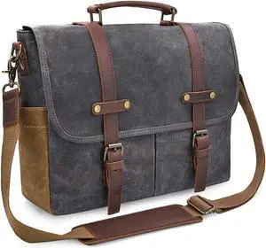 Mens Messenger Bag 15.6 Inch Waterproof Vintage Genuine Leather Waxed Canvas Briefcase Large Satchel Shoulder Bag Rugged Leather Computer Laptop Bag, Grey