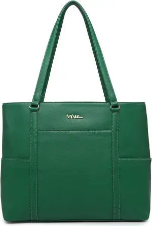 NNEE Classic Laptop Leather Tote Bag for 15 15.6 inch Notebook Computers Travel Carrying Bag with Smart Trolley Strap Design - Green