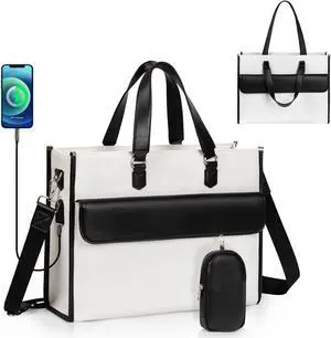 Laptop Bag for Women, Laptop Tote Bag 17 Inch, Waterproof Leather Computer Tote with USB Charging Port, Women Briefcase Business Office Work Handbag White