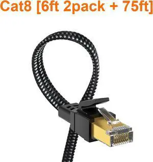 Orbram Cat 8 Ethernet Cable 6ft2pack & Cat8 Ethernet Cable 75 ft, Nylon Braided High Speed Heavy Duty Network LAN Patch Cord, 40Gbps 2000Mhz SFTP RJ45 Flat Internet Cable Shielded in Wall