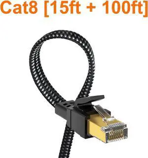 Orbram Cat 8 Ethernet Cable 15 ft & Cat 8 Ethernet Cable 100ft, Nylon Braided High Speed Heavy Duty Network LAN Patch Cord, 40Gbps 2000Mhz SFTP RJ45 Flat Internet Cable Shielded in Wall