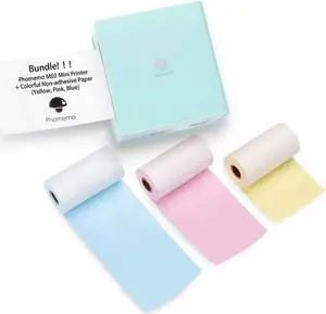 Phomemo M02 Mini Printer- Bluetooth Thermal Photo Printer with 3 Rolls Colorful Non-Adhesive Paper, Compatible with iOS + Android for Plan Journal, Study Notes, Art Creation, Work, Gift