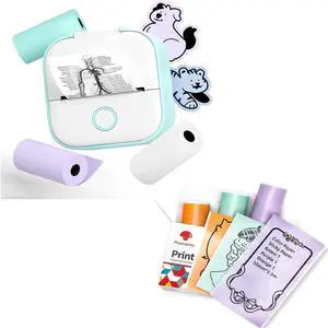 Phomemo T02 Printer Set with 3 Rolls Paper Inkeless Printer- Mini Printer Sticker Maker Bluetooth Thermal Pocket Printer for Study Notes, Stickers, Photos, DIY Printing, for Birthday, Green