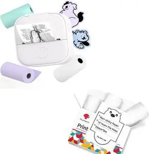 Phomemo T02 Printer Set with 3 Rolls Paper Inkeless Printer- Mini Printer Sticker Maker Bluetooth Thermal Pocket Printer for Study Notes, Stickers, Photos, DIY Printing, for Birthday, White