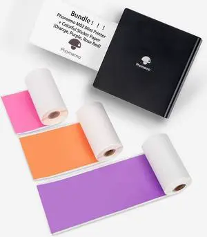 Phomemo M02 Mini Printer- Bluetooth Thermal Photo Printer with 3 Rolls Colorful Sticker Paper, Compatible with iOS + Android for Plan Journal, Study Notes, Art Creation, Work, Gift