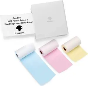 Phomemo M02 Mini Printer- Bluetooth Thermal Photo Printer with 3 Rolls Colorful Non-Adhesive Paper, Compatible with iOS + Android for Plan Journal, Study Notes, Art Creation, Work, Gift