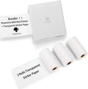 Phomemo M02 Mini Mobile Printer- Bluetooth Thermal Photo Printer with 3 Rolls Transparent Sticker Paper, Compatible with iOS + Android for Plan Journal, Study Notes, Art Creation, Work, Gift