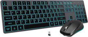 POWZAN Backlit Wireless Keyboard and Mouse, Rechargeable Quiet Wireless Keyboard Mouse Combo, Jiggle Mouse, 2.4G Cordless USB Keyboard Slim Full Size for Apple iMac, MacBook, laptop and PC, Space Gray