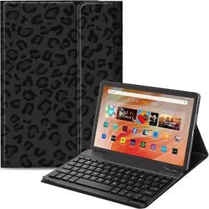 Qindaiwen Keyboard Case for  Fire HD 10 Tablet (13th/11th Generation,2023/2021 Release) 10.1", PU Leather Stand Cover with Detachable Bluetooth Keyboard, Black Leopard Print