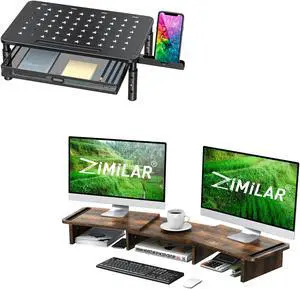 Zimilar Monitor Stand Riser with Metal Mesh Drawer, Height Adjustable Monitor Riser with Phone Holder Dual Monitor Stand Riser, Monitor Stand with Adjustable Length and Angle, Wood Monitor s