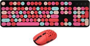 Wireless Keyboard and Mouse Combo, 2.4G Cute Round Keycaps Retro Typewriter Flexible Keys Full Sized Keyboard, Low Noise 3 DPI Adjustable Gaming Mouse, for PC Desktop Laptop (Mixed Color Red)